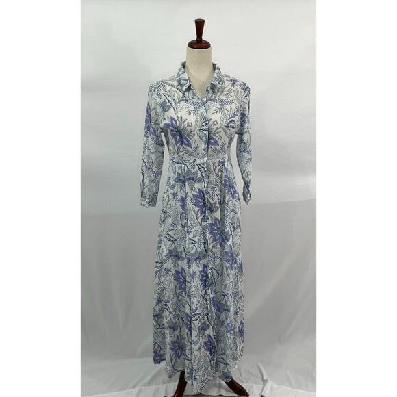 JULIA AMORY Sz S Small Aegean Chintz Maxi Shirt Dress Cotton Purple Blue Floral - Picture 8 of 12
